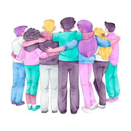 gruppo di persone strette in un abbraccio viste di schiena, illustrazione stile acquerello. Raffigura l'amore universale.