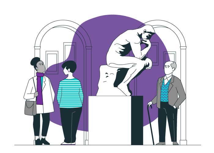 illustrazione di persone all'interno di una sala espositiva di un museo, al centro della sala c'è una scultura di marmo simile al Pensatore di Auguste Rodin.