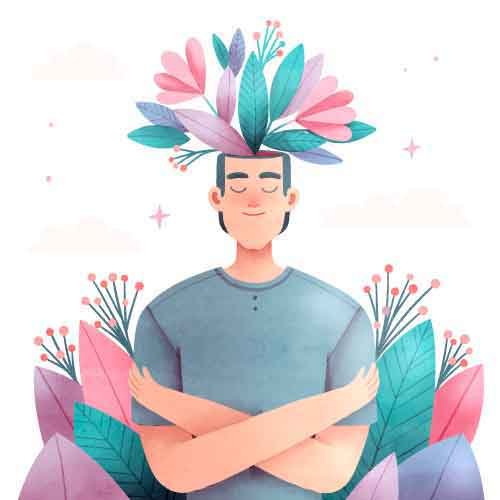 illustrazione uomo in meditazione mindfulness con foglie colorate_crescita personale grazie alla natura
