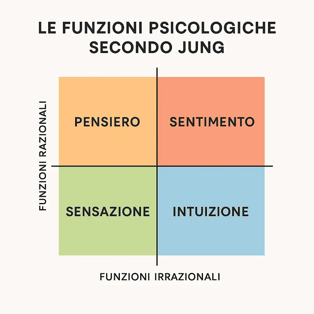 Grafico con 4 quadranti per ogni funzione principali individuata dallo psicoanalista Jung. Funzioni che contribuiscono a conoscere se stessi e quindi alla nostra crescita personale. Pensiero, sensazione, sentimento e intuizione.