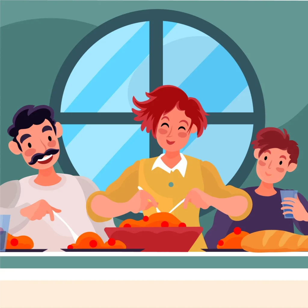 Illustrazione colorata di mamma, papà e figlio giovane che mangiano la pastasciutta sul tavolo della cucina. Nello sfondo, dietro la famiglia felice a pranzo, c'è una grande finestra rotonda.