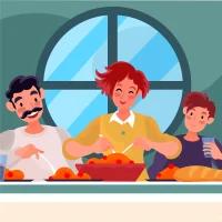 Illustrazione colorata di mamma, papà e figlio giovane che mangiano la pastasciutta sul tavolo della cucina. Nello sfondo, dietro la famiglia felice a pranzo, c'è una grande finestra rotonda.