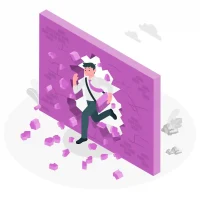 uomo che sfonda un muro di mattoni viola, il muro simboleggia gli ostacoli da superare durante la vita utili a sviluppare l'antifragilità.